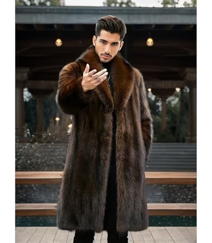 INVACHI Men's Faux Fur Coat Winter Long Faux Mink Coat Fluffy Thick Trench Coat for Men
