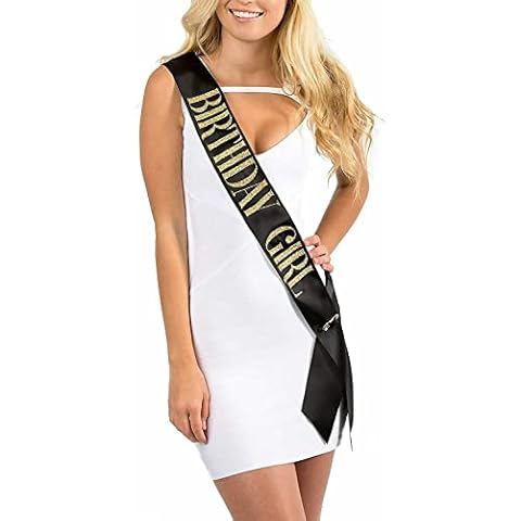 lgt birthday girl shoulder strap sash accessory black gold silver white perfect for parties/nights out (Black with Gold Writing) Cover