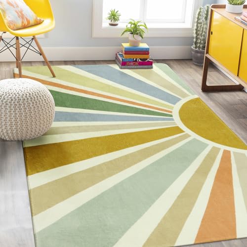 Image of STARUIA Kids Rugs for Playroom & Nursery - 5'x7' Boho Washable Rainbow Area Rug, Non-Slip Soft Carpet for Classroom, Office & Dining Room