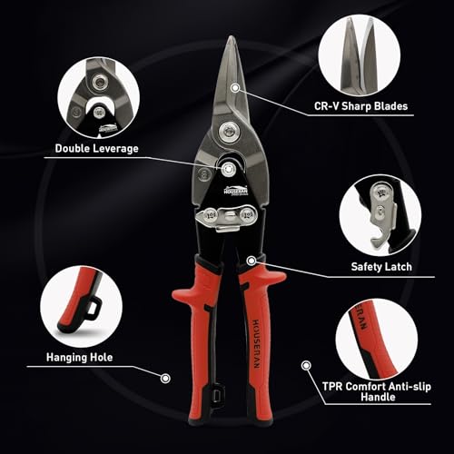 HOUSERAN 10 Inch Aviation Tin Snips, Regular Straight Cut, Heavy Duty CR-MO Metal Cutter with Double Lever, Scale Markings & Safety Lock, Shears Scissors for Cutting Metal Sheet - Image 3