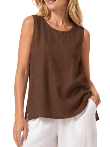 Image of Cotton Linen Vest Tank Tops for Women Summer Casual Comfy Linen Shirts Loose Sleeveless Crew Neck Vests Gauze Lightweight Breathable Solid Color T-Shirts (UK, Alpha, S, Regular, Regular, Brown)