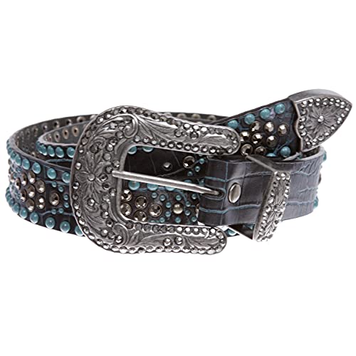 Western Croco Print Rhinestone & Turquoise Studded Leather Belt - Main Image