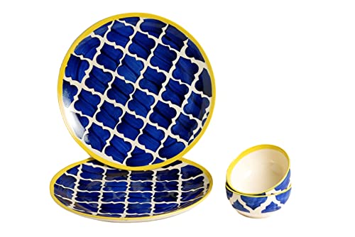 Image of Freakway Premium Moroccan Hand Glazed Dinner Set of 4 Pieces for Dinner with Bowls | 2 Dinner Plates and 2 Serving Bowl /katori | Microwave & Dishwasher Safe - Blue