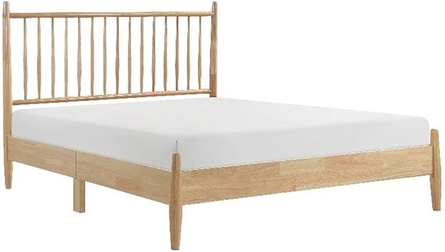 MAKLAINE Modern Wood Queen Platform Bed, 47 in Headboard Height, Rubberwood Veneer, Natural Finish, Mid-Century Style with Slatted Headboard, No Box Spring Required, Bedroom Furniture Assembly
