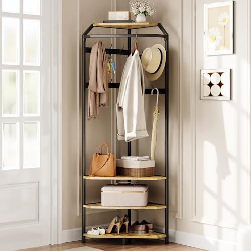 GarveeHome Corner Coat Rack with Shoe Bench Entryway, Corner Hall Tree with 6 Double Hooks, Clothes Rack with Storage Hall Tree with Organizer Shoe Bench Shelf (Vintage 02, 20 * 20 * 71 inch)