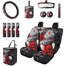 Red Rose 15 PCS Car Seat Cover Set with Front Car Seat Covers Steering Wheel Cover Seat Belt Cover Trash Can Rear View Mirror Cover Coaster Keychain