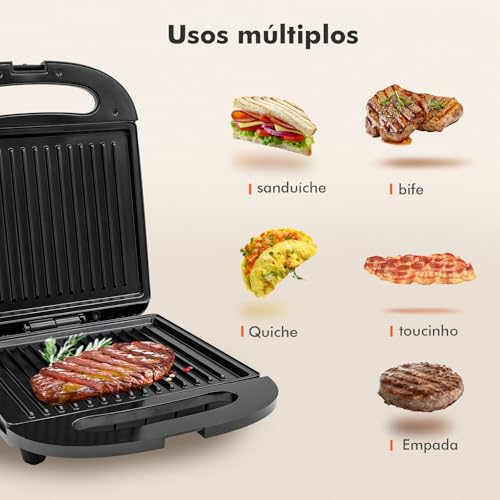 Sanduicheira Grill, Sanduicheira Elétrica, Adequado para Sanduíches, Waffles, Bifes, Bacon, Quiche,