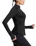 Pinspark Damen Sportshirt Langarm Laufshirt Schnelltrocknend Activewear T-Shirts mit 1/4 Reißverschluss und Daumenloch Schwarz XL