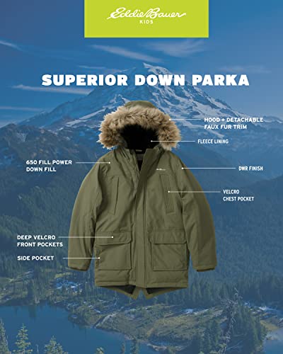 Eddie Bauer Boys' Winter Coat – Waterproof Heavyweight Down Parka Jacket With Faux Fur Hood (3-20), Size 10-12, Olive #TOP1
