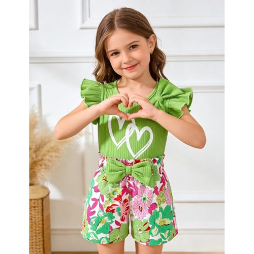 Image of 3-8 T Toddler Girls Clothing Set Ruffle Sleeve Bow Tie Top + Floral Shorts Set