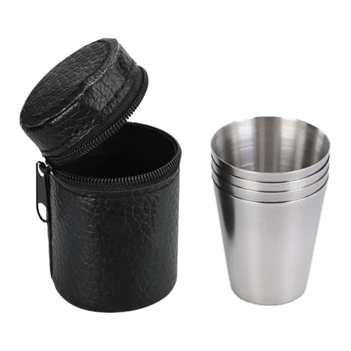 Hinapan Juego de 4 vasos de acero inoxidable (30 ml), vasos de chupito apilables, vasos de camping de acero inoxidable, vasos de metal portátiles con 1 funda de piel, para exteriores, pícnic