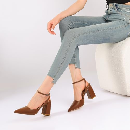 Image of RIBONGZ Block Heels for Women Closed Pointed Toe Heeled Slingback Chunky High Heel Ankle Strap Pumps Patent Leather Comfort Dressy Shoes for Work Party Prom Wedding Bridal Dress