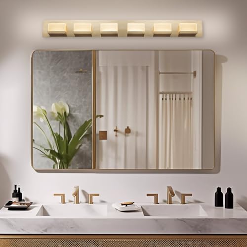 Image of Kira Home Everett 48 inch Modern 6-Light Integrated LED Gold Vanity Light, 60W 3000K Warm White Light, Minimalist Gold Bathroom Wall Sconce with Frosted Acrylic Blocks, Cool Brass Finish