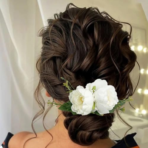 Yheahin Bridal White Rose Flower Hair Comb Boho Handmade Floral Headpiece Wedding Flower Hair Accessories for Women Brides Bridesmaids (White 13)