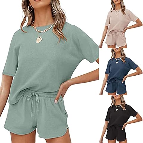 Niub® Women's 2 Piece Short Sleeve Tracksuit Loungewear Set Crew Neck Sweatshirt Tops and Drawstring Baggy Jogger Shorts Cover