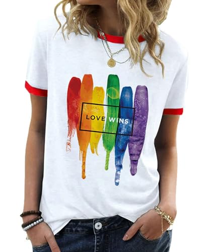 YZMI Women Love Wins Pride Shirts Pride Parade Outfits LGBT Rainbow Graphic Ringer Tee Tops White XL
