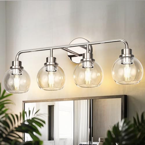 Image of DORESshop Bathroom Light Fixtures, 4-Light Nickel Vanity Lights Over Mirror, Wall Lamp Clear Glass for Living Room Decor Bedroom Porch Cabinet