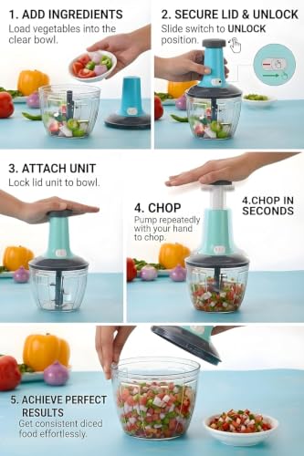 Image of Chopper for Kitchen Use 1000 ML, Push Chopper with 4 Blades, Vegetable Chopper Kitchen Items for Home Cutting Vegetables, Onion, Ginger, Garlic, Salad, Tomato, Potato (Multicolour)