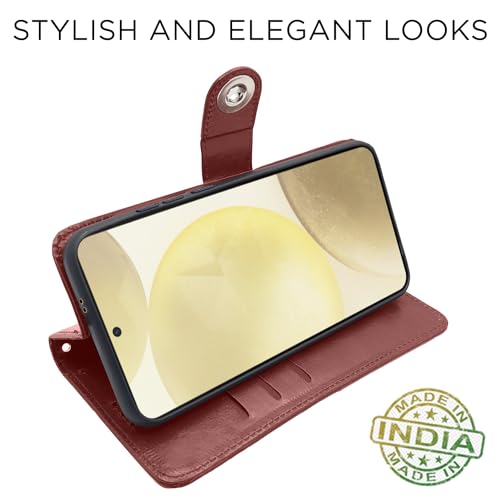 Image of Pikkme Samsung Galaxy S24 5G Flip Cover Leather Finish | Inside TPU with Card Pockets | Wallet Stand and Shock Proof | Complete Protection Button Flip Case (Brown)