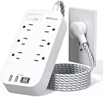 Corde d'extension de la barre d'alimentation 15 FT - Plug plat, 6 Sorties 4 USB Extendeur de sortie de ports avec protection contre les surcharges, montage mural, station de recharge de bureau pour la maison, le bureau et la dorme essentielle