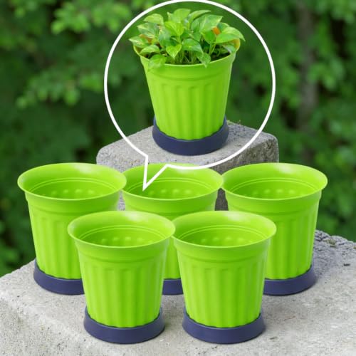 Image of TechHark GreenPlastic Plant Pots with Saucer, Ribbed Style, for Indoor and Outdoor Use, Set of 5