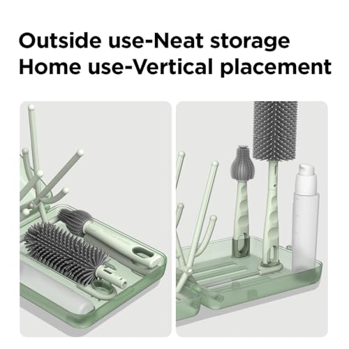 Miniatura 3 de Yotime Kit Cepillos Biberones Viaje Con Secar Biberones Plegable, Soporte De Apertura Automática Ranuras De Secado Vertical, 3 Cepillos Dispensador, Esenciales Para Padres Viajeros, Verde Claro