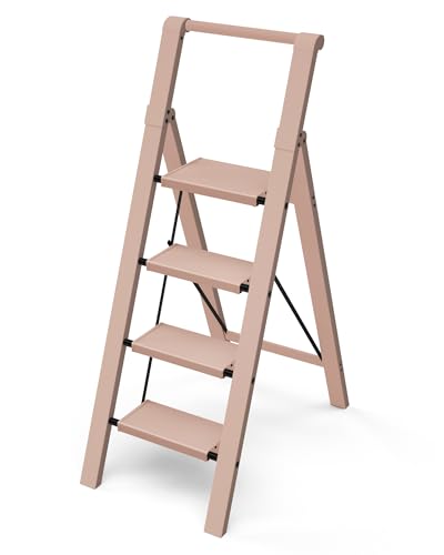 Taranta 4 Step Ladder Lightweight Aluminum Step Stool with Convenient Handgrip Folding Ladder with Anti-Slip Pedals 330lbs Capacity Stepladder for Home Office Kitchen - Peach Pink