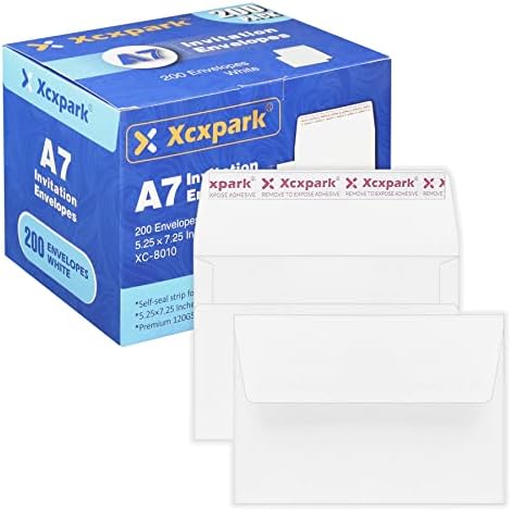 Xxcxpark 200 Qty Printable A7 Invitation Envelopes 5.25X7.25 inches Cards, Self Seal 120GSM white Paper Envelopes for Invitations, Papers, Photos, Documents, Wedding, Baby Shower, Easy to Seal