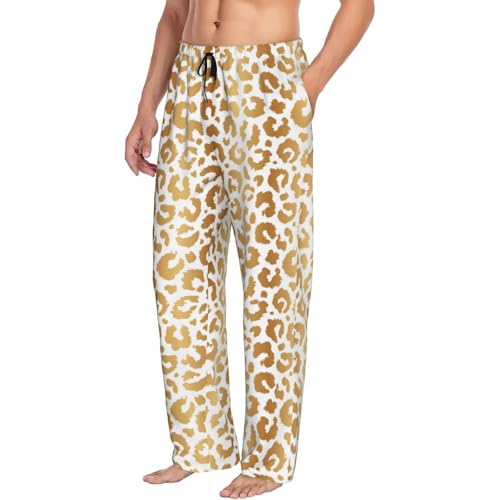 Mens Pajama Pants - Gold Leopard Fashion Print Soft Sleep Lounge Pants For Men, Casual Pj Bottoms With Pockets