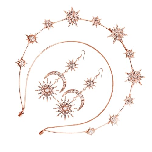 Halo Crown Diadema, estrellas Halo Crown,Glitter Stars Tiara para mujeres con aretes | Cabeza de banda de cabello nupcial hecha a mano, vestido de cabeza de las estrellas de la para bodas y fiestas