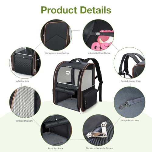 Lekespring Erweiterbar Katzenrucksack Hunderucksack für Katzen Hunde bis 10kg, Groß Katzen Rucksack Faltbare Haustier Rucksack, Schwarz