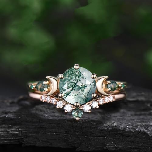 10K 14K 18K Rose Gold 2CT Round Natural Moss Agate Engagement Ring Set for Women 925 Sterling Silver 8mm Genuine Green Moss Agate Leaf Art Deco Bridal Wedding Ring Set (Size 4-15)4