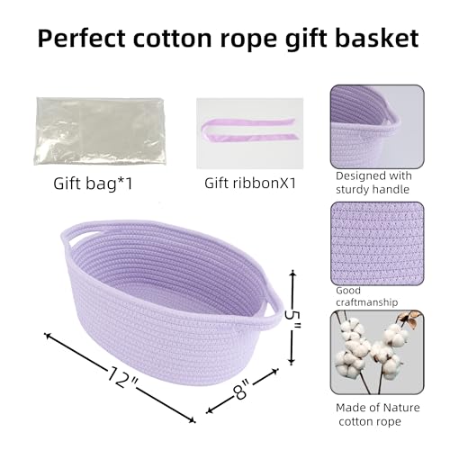 Image of Baby Gifts Basket Empty with Gifts Bag and Ribbon12 inchx8 inchx5 inch Cute Gifts Basket to Fill Easter Basket Birthday Basket Small Woven Cotton Rope Basket Baby Toy Baske(purple, regular)