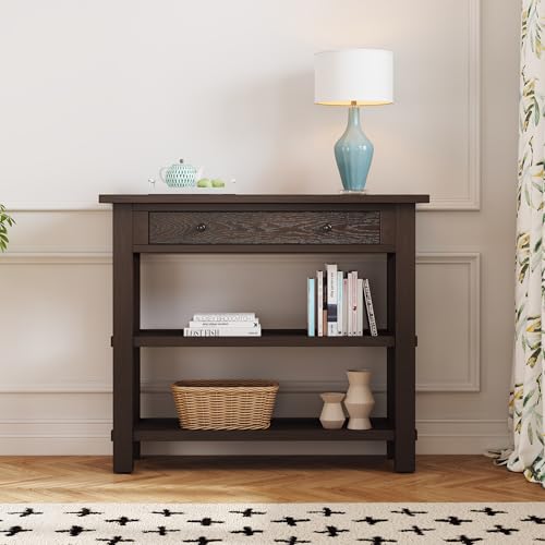 FULife Mid-Century Modern Design Console Table with Drawer and 2 Open Storage Shelves for Entryway Hallway, 36" Short Sofa Sidetable with Rubber Wood Legs for Bedroom Living/Dining Room