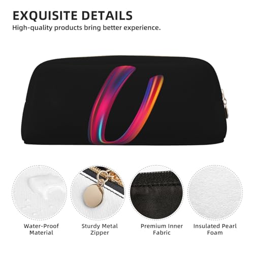 Image of Cute Initial Pencil Case for Kids Simple Leather Pencil Pouch for Boys Girls Letter Design Pencil Box Pen Bag Pencil Pouch Office Stationery Organizer, Rainbow Letter U