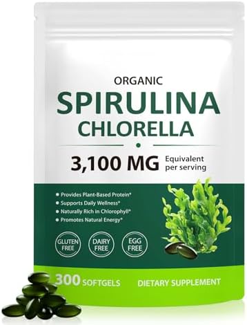 Tiuedu Spirulina Chlorella Softgels 300 Capsules, 17 in 1 Green Nutrient Blend Spirulina Chlorella Softgels,Rich in Plant Protein, Vitamins, Chlorophyll, Easy to Take Softgel