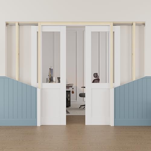 Image of 56 inch x 80 inch (Double 28 inch x 80 inch) Half Clear Glass Pocket Door, Soft-Close Sliding Pocket Door with Frame & Hardware Kit Set, Primed All-Inclusive Interior Door Slab for Home, White, Need to Assemble