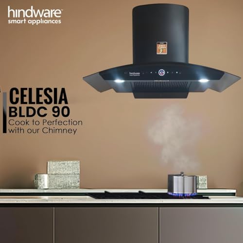 Image of Hindware Smart Appliances | CELESIA BLDC 90 | Suction 1600 m /hr* | BLDC Motor | Filterless, Auto Clean Wall Mounted Chimney | Made in India | 12 Yrs Warranty on Motor & 3 Yrs on Product