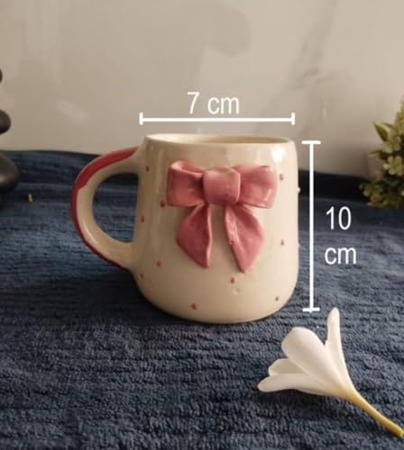 Image of Cute Pink Bow Ceramic Mug for Coffee Tea Milk | 3D Bow Design Gift Mug for Girls Women Kids | Premium Glazed Polka Dot Finish (2)