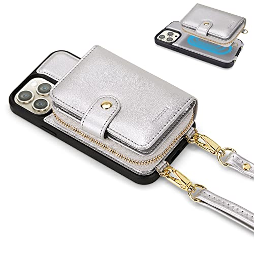 Nuoku Designed For Iphone 14 Pro Max Case Wallet With Rfid Blocking Card Holder, Magnetic Detachable Lanyard Strap Wristlet Zipper Crossbody Wallet Women Compatible With Iphone 14 Pro Max (Silver) #TOP11
