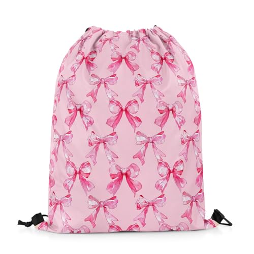 jejeloiu Watercolor Bows Drawstring Backpack 13x15.7inch Pink Bow Ribbon Waterproof Gym Drawstring BagsVintage Princess Themed Sports String Backpack3