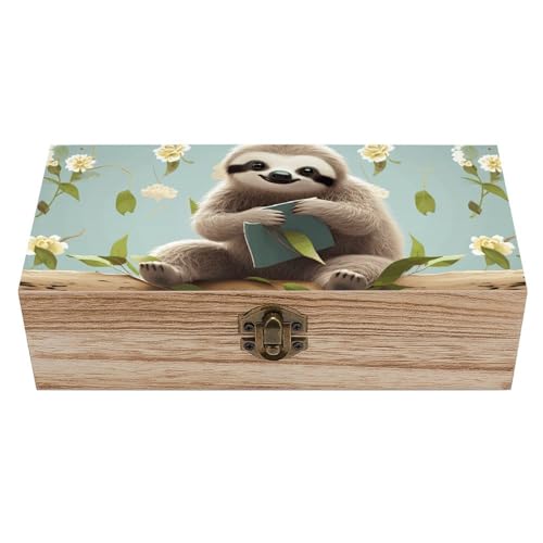 FekiLoot Caja de recuerdos de madera con diseño de perezosos, caja del tesoro de memoria, pequeño cofre del tesoro de madera, baúl decorativo para recuerdos, para manualidades y almacenamiento de