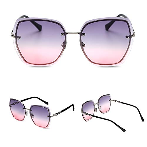Rimless Sunglasses Oversized Women Transparent Gradient Glasses Diamond Cutting Rhinestone Decorated Frame UV4002