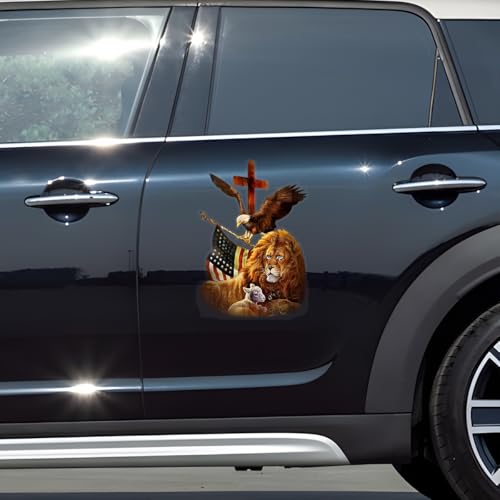 Image of Premium Lion Family Car Sticker with Jesus Cross & Eagle Holding American Flag - Durable & Waterproof Vinyl Decal for Car Window - Christian Gift for Jesus Believers - 12 x 8 Inches