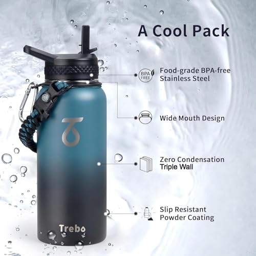 Trebo 946 ml Edelstahl Trinkflasche Isoliert mit Paracord-Griff & 3 Deckeln – Ansicht 5