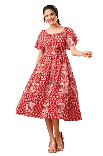 Image of Janasya Women's Red Pure Cotton Geometric Printed A-Line Dress