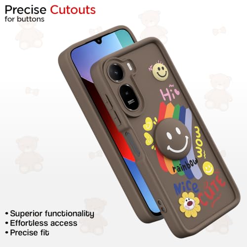 Image of Pikkme Back Cover for Redmi A7 Pro /Poco C85x 5G | Soft Silicone| Cute Rainbow Smile & 3D Cartoon Flower Design | Shockproof Raised Camera Protection Bumper Case (Brown)