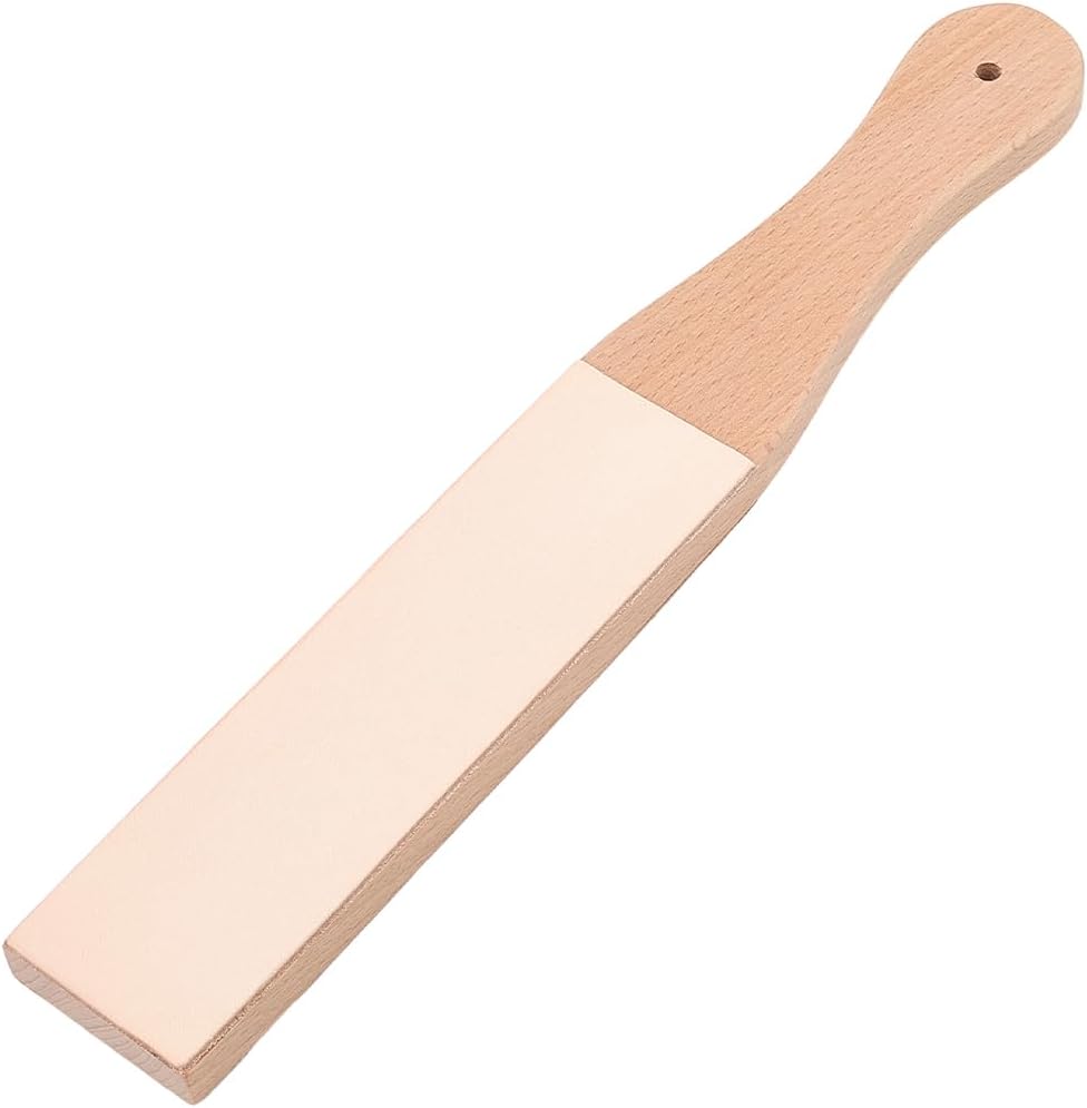 11.06 x 1.69 Inch Double-Sided Beech Wood Leather Strop for Knife Sharpening Small Leather Honing Stropping Sharpener with Ergonomic Handle Block Polishing Woodcarving Tool for Handwork