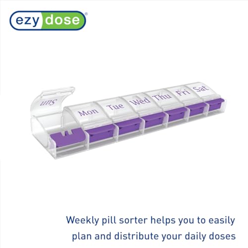 Image of Ezy Dose Weekly (7-Day) Pill Organizer, X-Large Medicine Case, Purple /Clear | Daily Vitamin & Supplement Planner, Spacious Push-Button Compartments, Convenient & Easy to Use, Travel-Friendly, BPA-Free
