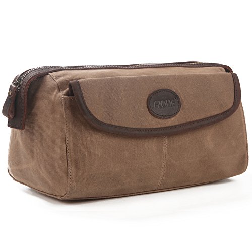 S-ZONE Mens Vintage Leather Waxed Canvas Travel Toiletry Bag Shaving Dopp Kit